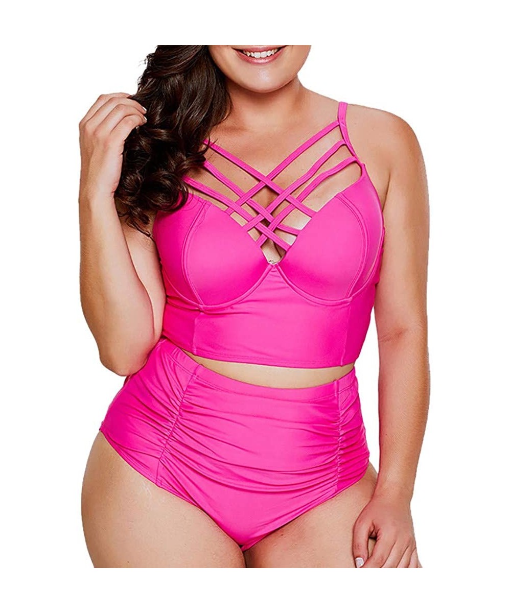 2019 Women's Plus Size Two Pieces Swimsuit Strappy High Waist Push Up Bikini Set - Hot Pink - CA18NHYQEE3 $30.27-Sets