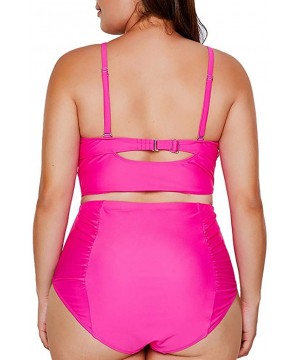 2019 Women's Plus Size Two Pieces Swimsuit Strappy High Waist Push Up Bikini Set - Hot Pink - CA18NHYQEE3 $30.27-Sets