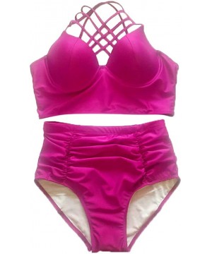 2019 Women's Plus Size Two Pieces Swimsuit Strappy High Waist Push Up Bikini Set - Hot Pink - CA18NHYQEE3 $30.27-Sets