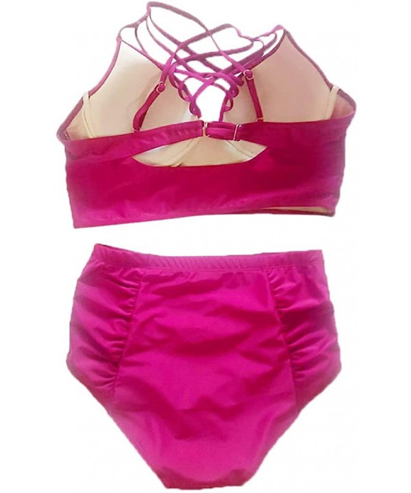 2019 Women's Plus Size Two Pieces Swimsuit Strappy High Waist Push Up Bikini Set - Hot Pink - CA18NHYQEE3 $30.27-Sets