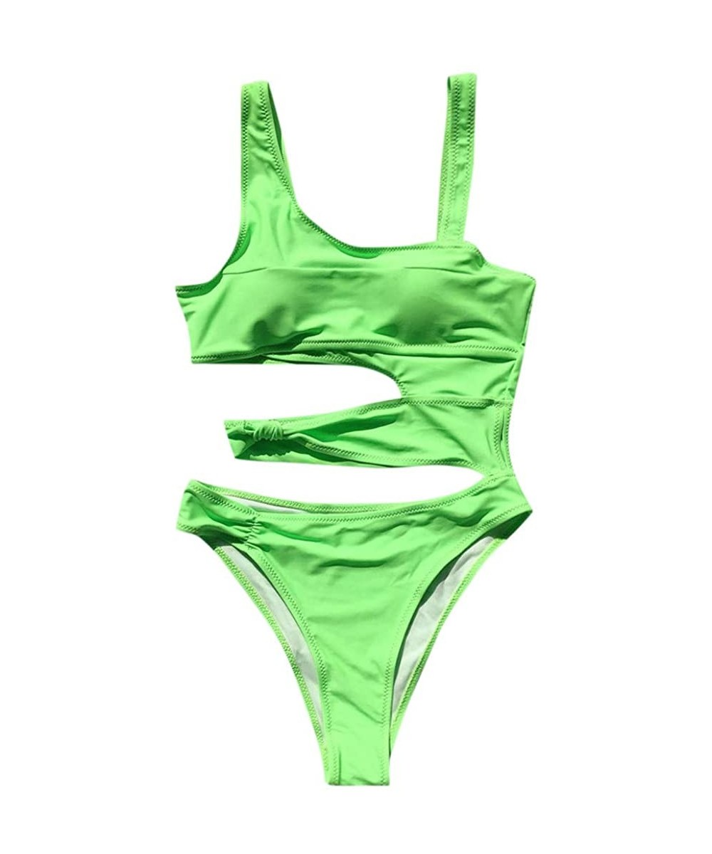 Womens Cutout One Piece Swimsuit Solid Color Bathing Suit Padded Swimwear Monokini - Green - CS193Y4TLG9 $16.15-Bottoms