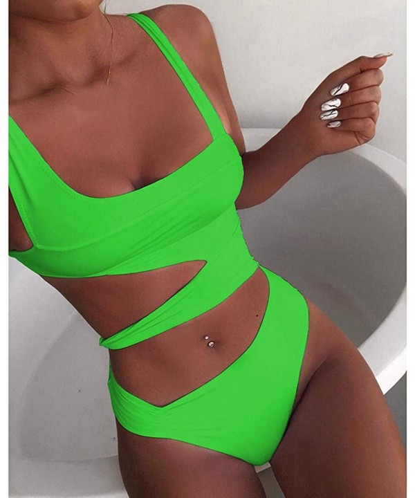 Womens Cutout One Piece Swimsuit Solid Color Bathing Suit Padded Swimwear Monokini - Green - CS193Y4TLG9 $16.15-Bottoms