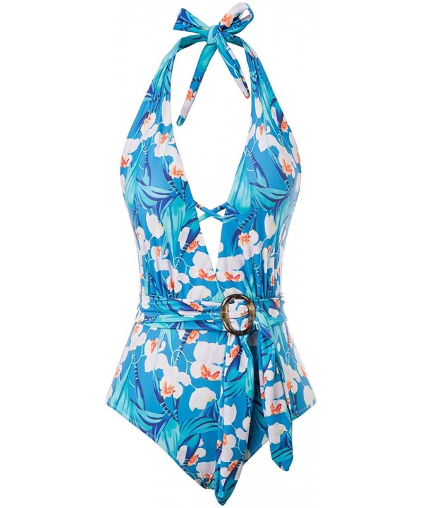 Women's Halter One Piece Swimsuits Deep V Neck Tie Monokini with Belt - Blue - CL193ECYQCS $22.56-One-Pieces