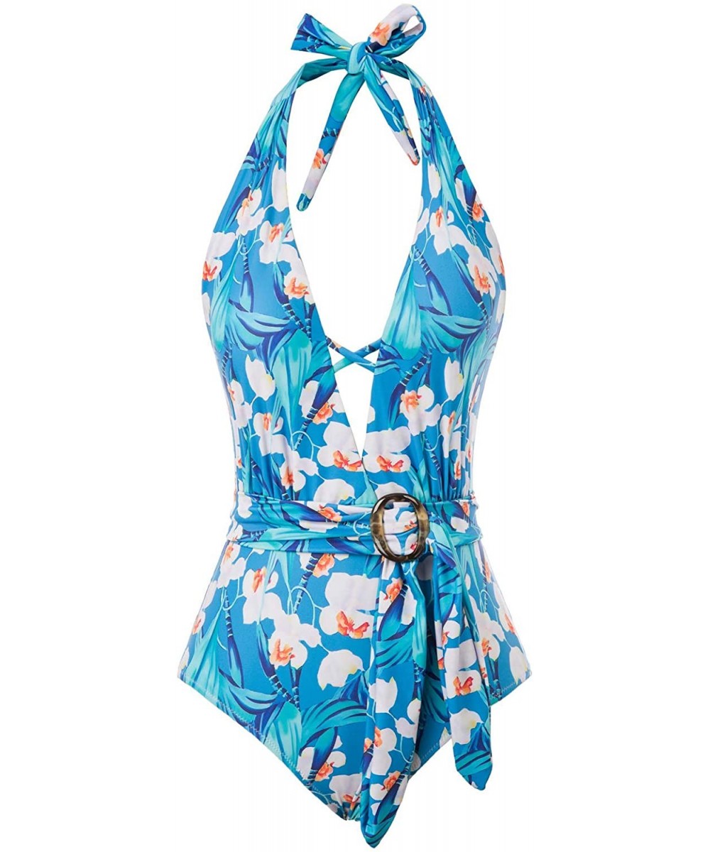 Women's Halter One Piece Swimsuits Deep V Neck Tie Monokini with Belt - Blue - CL193ECYQCS $22.56-One-Pieces