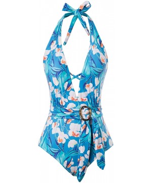 Women's Halter One Piece Swimsuits Deep V Neck Tie Monokini with Belt - Blue - CL193ECYQCS $22.56-One-Pieces