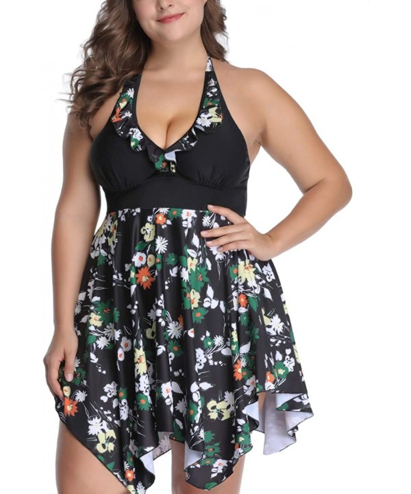 Women's Plus Size Swindress Floral Halter 2 Pieces Tankini Swimwear Swimsuits 2X-6X - Black - CL18M0UZ96K $22.44-Sets