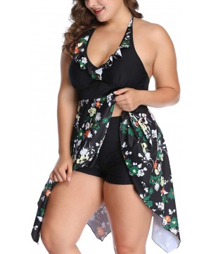 Women's Plus Size Swindress Floral Halter 2 Pieces Tankini Swimwear Swimsuits 2X-6X - Black - CL18M0UZ96K $22.44-Sets