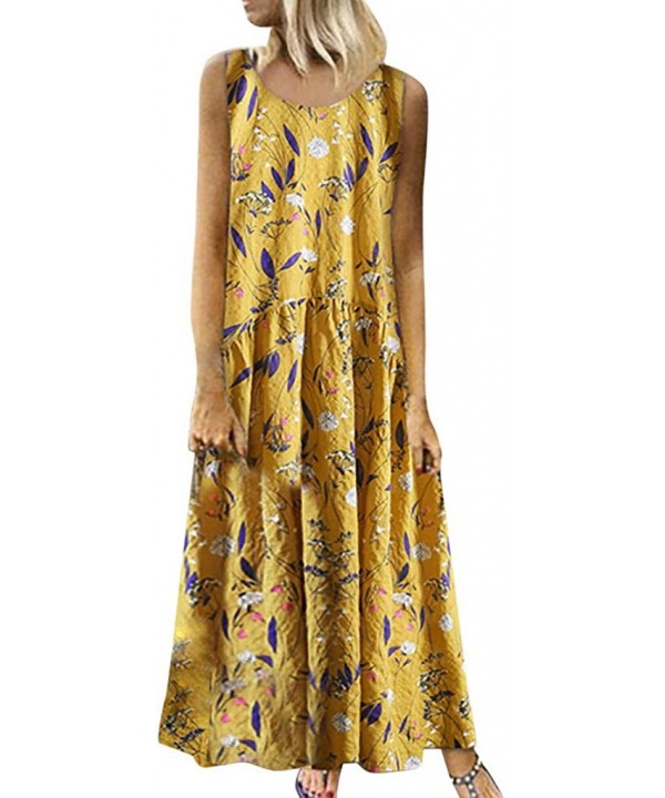 Women Plus Size Bohemian O-Neck Floral Print Vintage Sleeveless Long Maxi Dress - A-yellow - C718W3N63Q3 $23.69-Rash Guards