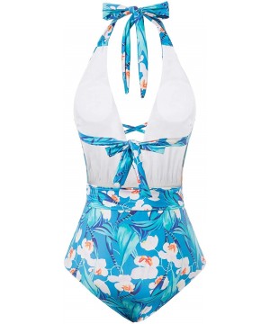 Women's Halter One Piece Swimsuits Deep V Neck Tie Monokini with Belt - Blue - CL193ECYQCS $22.56-One-Pieces