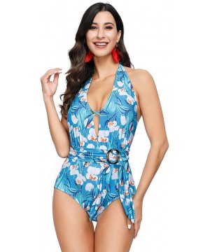 Women's Halter One Piece Swimsuits Deep V Neck Tie Monokini with Belt - Blue - CL193ECYQCS $22.56-One-Pieces