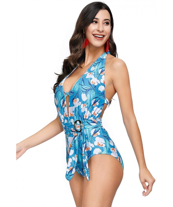 Women's Halter One Piece Swimsuits Deep V Neck Tie Monokini with Belt - Blue - CL193ECYQCS $22.56-One-Pieces