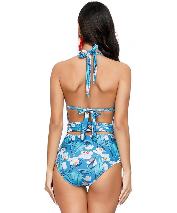 Women's Halter One Piece Swimsuits Deep V Neck Tie Monokini with Belt - Blue - CL193ECYQCS $22.56-One-Pieces