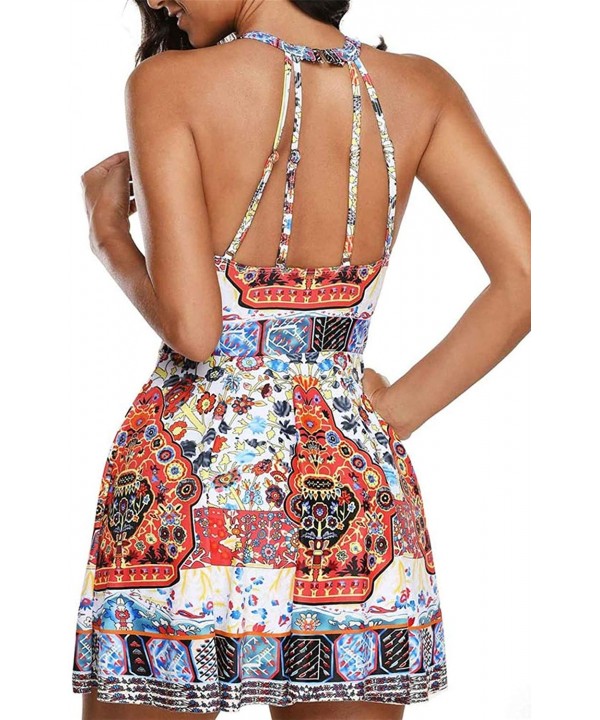 Women Swimsuit Halter Cutout Back Ethnic Printed Swimdress and Shorts - Ethnic Print - C618M5TEECN $18.12-Tankinis