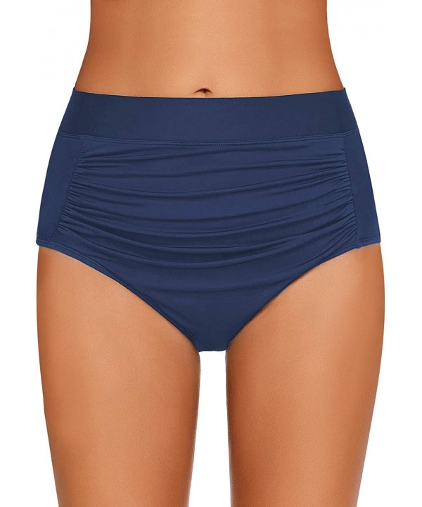 Women's High Waist Ruched Bikini Bottom Solid Swim Shorts Tankini Brief - B Navy - C118LG0H5DO $13.81-Tankinis