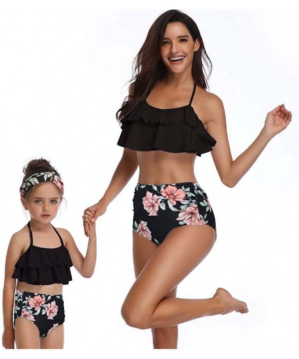 Girls Kids Swimsuit Two Pieces Bikini Set Ruffle Falbala Swimwear Bathing Suits Swimwear - Flower Bottoms+ Black - CV199MEYS2...