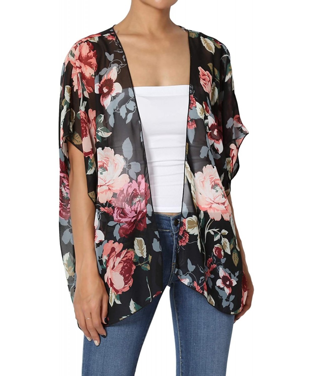 Print Chiffon Cascading Kimono Dolman Sleeve Cover Up Cardigan - 9h Black - CS18L2OKNHE $23.31-Cover-Ups