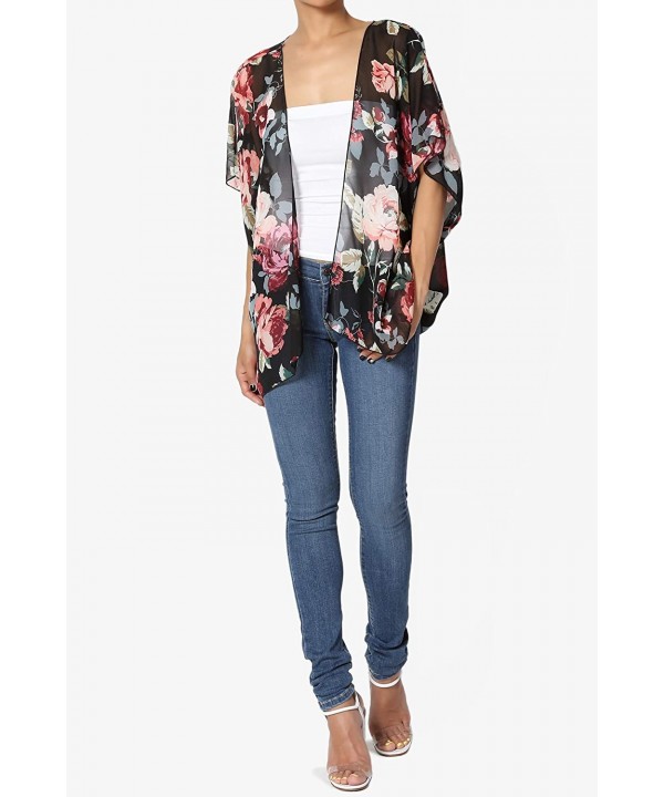 Print Chiffon Cascading Kimono Dolman Sleeve Cover Up Cardigan - 9h Black - CS18L2OKNHE $23.31-Cover-Ups