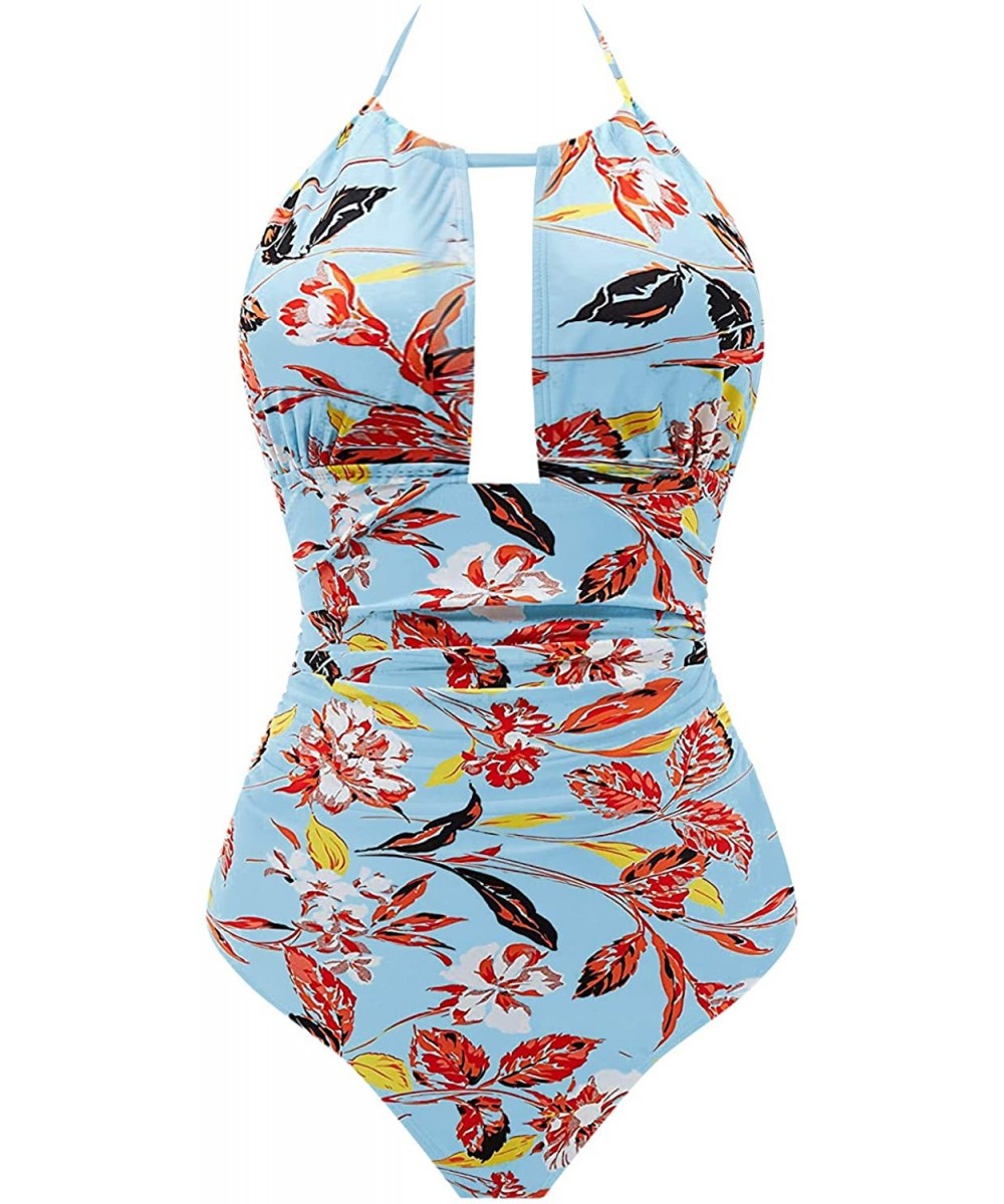 Womens One Piece Swimsuits Tummy Control Swimwear Backless Deep V Neck Halter Monokini Bathing Suits - Flower-06 - C818UXNQEO...