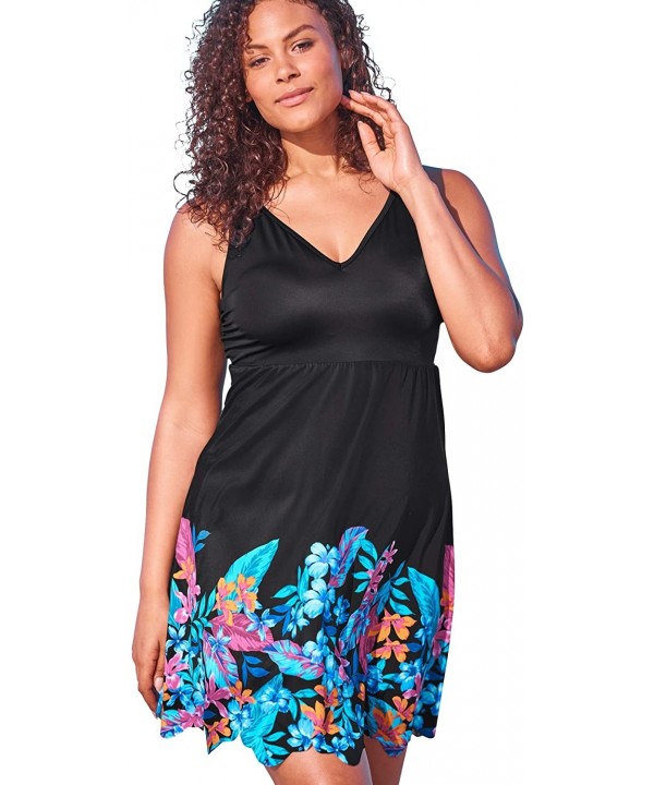 Women's Plus Size Floral Border Swim Dress Swimsuit - Black Paradise Floral (1009) - C0195SMSYWK $36.07-One-Pieces