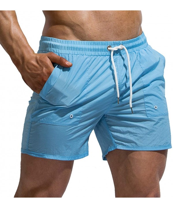 Board Short Solid Color Beach Adjustable Drawstring Men Athletic Shorts Bathing Suit with Mesh Lining - Light Blue - CJ18UCKZ...