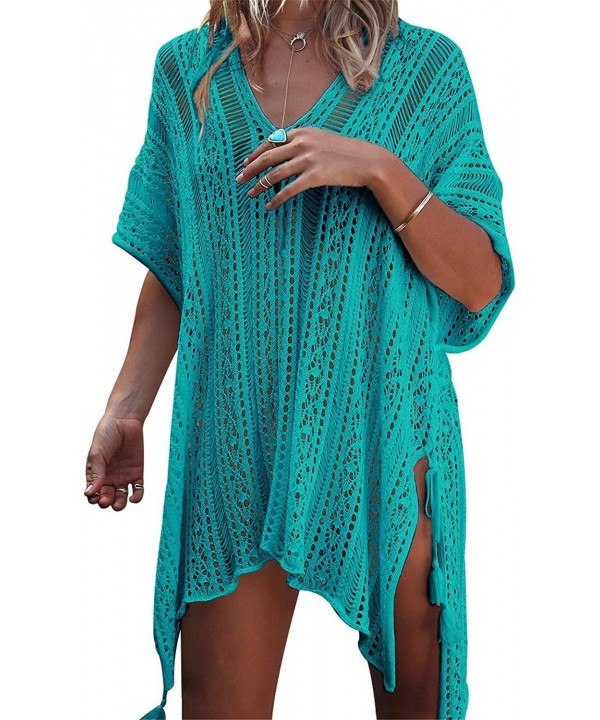 Women Hollow Out Beachwear Bikini Cover Up Swimwear Swimsuit V Neck Knit Beach Bathing Cover Ups Dress for Ladies Green - CJ1...