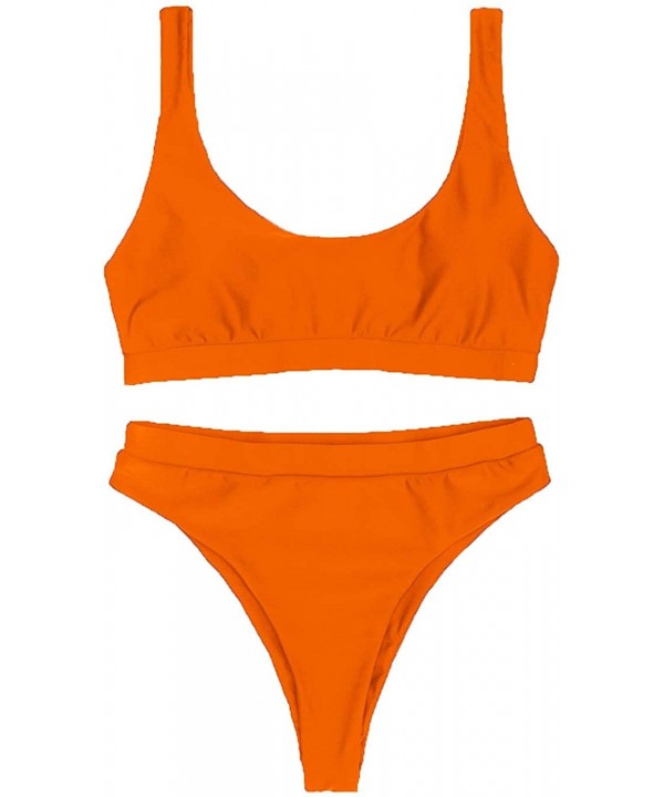 Women's Scoop Neck Crop Top High Waisted Swimsuits 2PCS Bikini Set - Orange - CR182XKI4WE $25.19-Sets