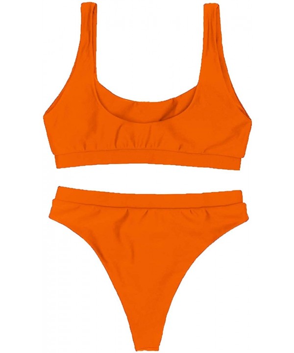 Women's Scoop Neck Crop Top High Waisted Swimsuits 2PCS Bikini Set - Orange - CR182XKI4WE $25.19-Sets