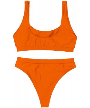 Women's Scoop Neck Crop Top High Waisted Swimsuits 2PCS Bikini Set - Orange - CR182XKI4WE $25.19-Sets