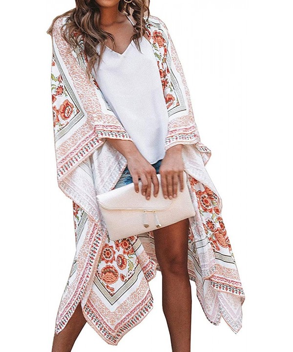 Women Floral Kimono Cardigan - Casual Chiffon Kimonos Tops Boho Loose Blouse Open Front Swinsuit Beach Cover Ups - White-a - ...