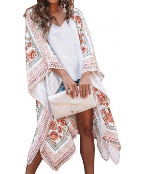 Women Floral Kimono Cardigan - Casual Chiffon Kimonos Tops Boho Loose Blouse Open Front Swinsuit Beach Cover Ups - White-a - ...