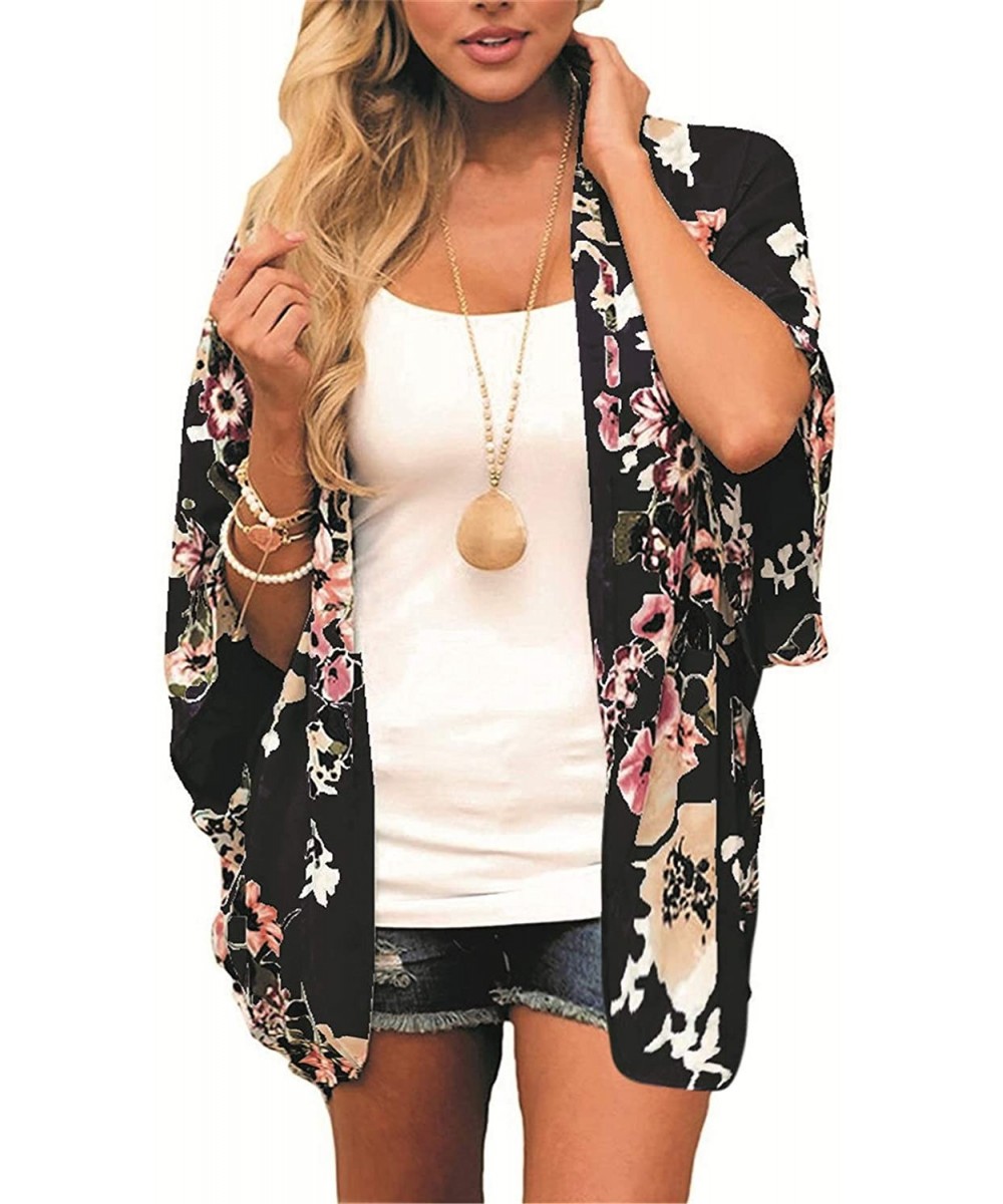 Summer Floral Kimono Cardigan for Women Beach Cover Up Casual Blouse Tops - Navy Blue - CH18T594STZ $9.66-Cover-Ups