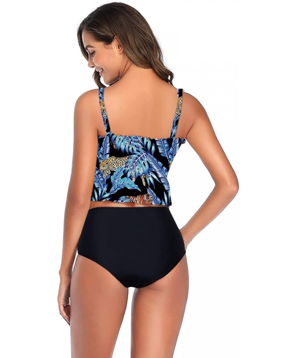 High Waisted Bathing Suits for Women Two Piece Swimsuit Bandage Swimwear Bikini - Blue Leaves - CU190OUR5UO $18.59-Racing