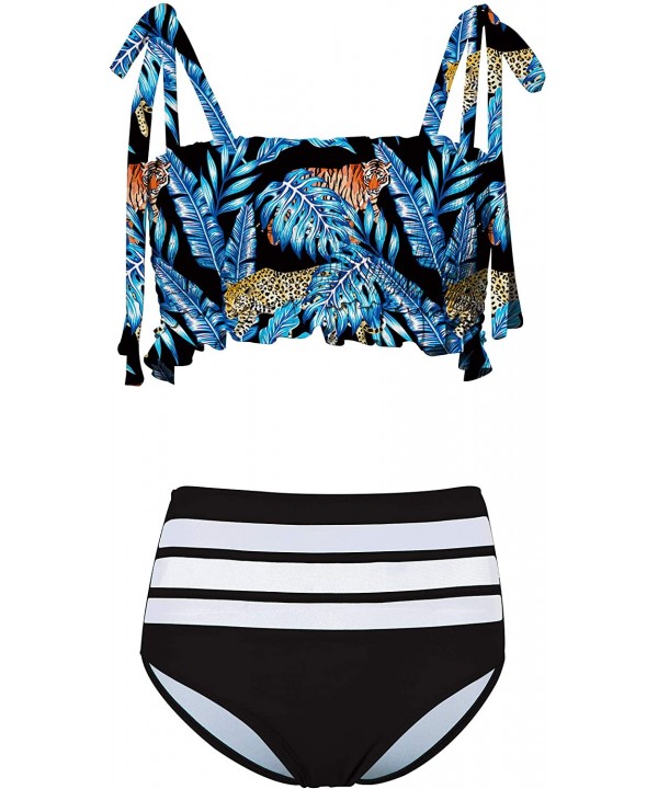 High Waisted Bathing Suits for Women Two Piece Swimsuit Bandage Swimwear Bikini - Blue Leaves - CU190OUR5UO $18.59-Racing