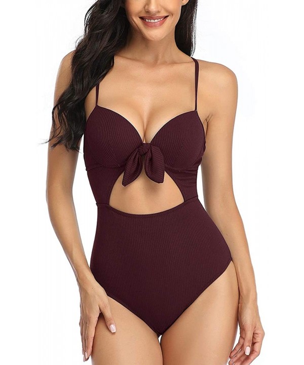 Women Ribbed Underwire One Piece Swimsuit Coutout Tie Knot High Waist Monokini Bathing Suit - Wine Red - CJ19E4LL95C $18.32-O...