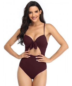 Women Ribbed Underwire One Piece Swimsuit Coutout Tie Knot High Waist Monokini Bathing Suit - Wine Red - CJ19E4LL95C $18.32-O...