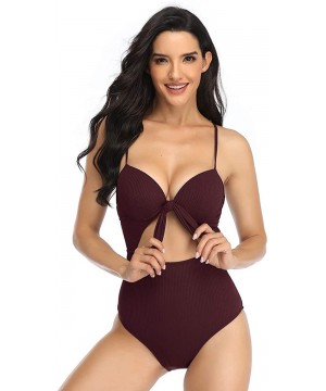 Women Ribbed Underwire One Piece Swimsuit Coutout Tie Knot High Waist Monokini Bathing Suit - Wine Red - CJ19E4LL95C $18.32-O...