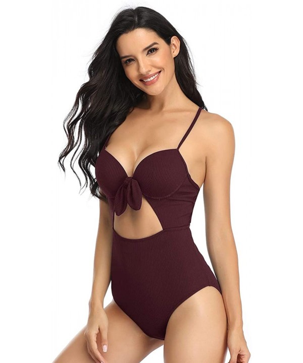 Women Ribbed Underwire One Piece Swimsuit Coutout Tie Knot High Waist Monokini Bathing Suit - Wine Red - CJ19E4LL95C $18.32-O...