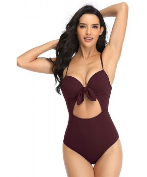 Women Ribbed Underwire One Piece Swimsuit Coutout Tie Knot High Waist Monokini Bathing Suit - Wine Red - CJ19E4LL95C $18.32-O...