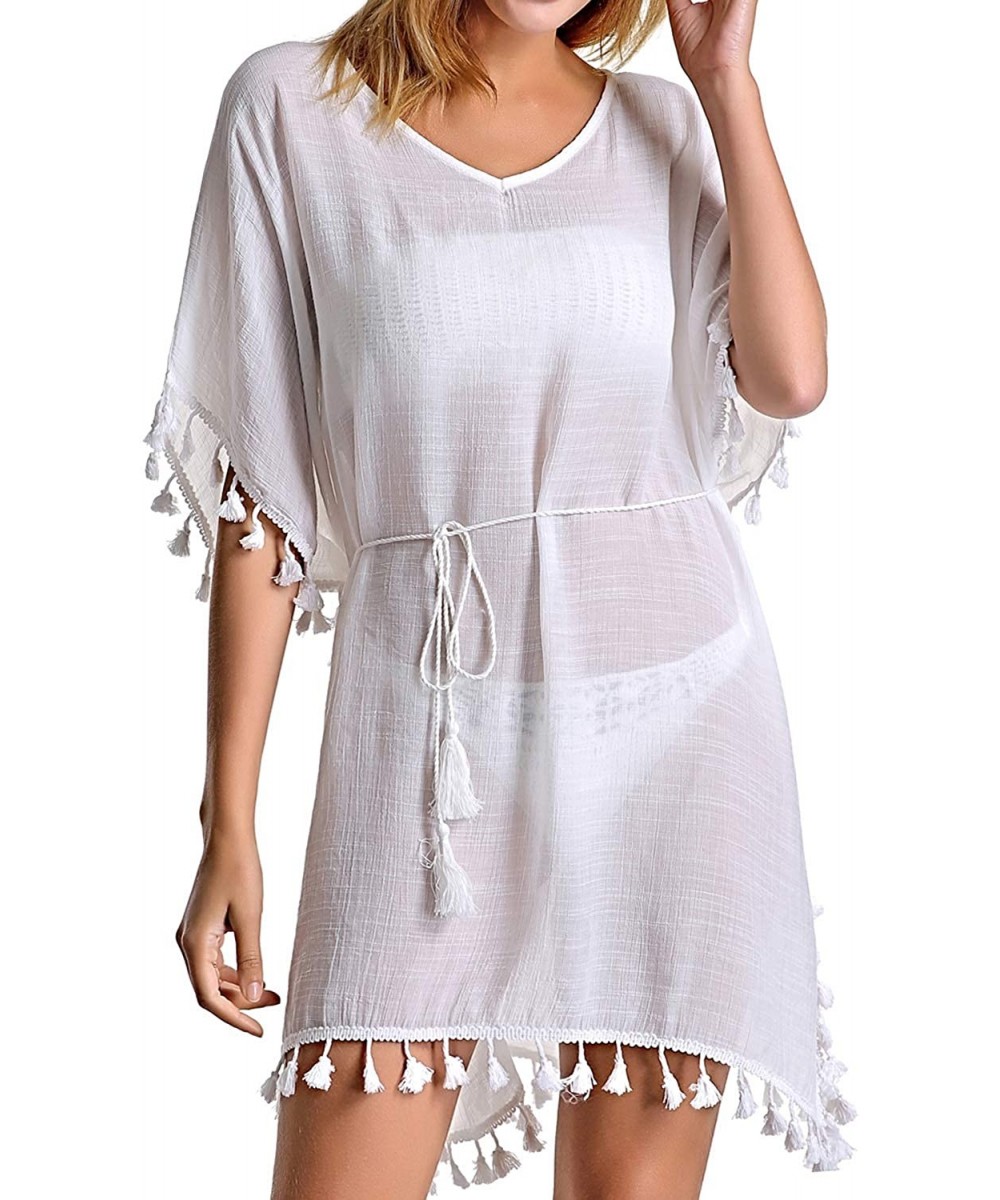 Women's Swimsuit Cover ups Bathing Suit Tassel Kaftan Beach Dress for Swimwear - 01-white Short - CX1944XU02I $9.78-Cover-Ups