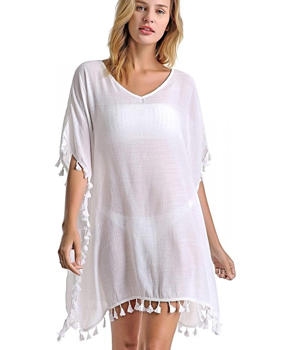 Women's Swimsuit Cover ups Bathing Suit Tassel Kaftan Beach Dress for Swimwear - 01-white Short - CX1944XU02I $9.78-Cover-Ups