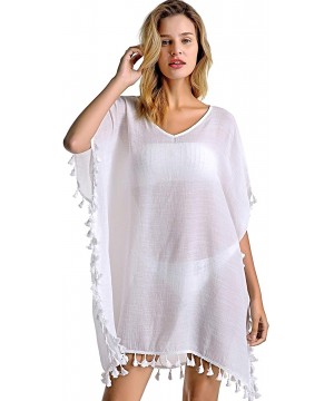 Women's Swimsuit Cover ups Bathing Suit Tassel Kaftan Beach Dress for Swimwear - 01-white Short - CX1944XU02I $9.78-Cover-Ups