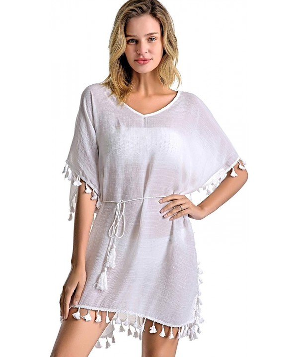 Women's Swimsuit Cover ups Bathing Suit Tassel Kaftan Beach Dress for Swimwear - 01-white Short - CX1944XU02I $9.78-Cover-Ups