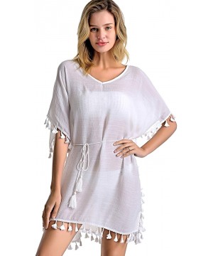 Women's Swimsuit Cover ups Bathing Suit Tassel Kaftan Beach Dress for Swimwear - 01-white Short - CX1944XU02I $9.78-Cover-Ups