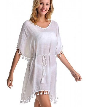 Women's Swimsuit Cover ups Bathing Suit Tassel Kaftan Beach Dress for Swimwear - 01-white Short - CX1944XU02I $9.78-Cover-Ups