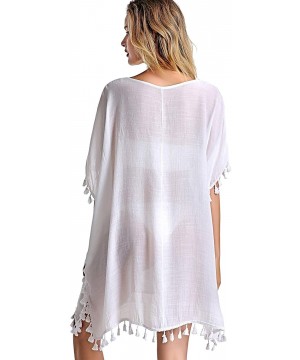 Women's Swimsuit Cover ups Bathing Suit Tassel Kaftan Beach Dress for Swimwear - 01-white Short - CX1944XU02I $9.78-Cover-Ups