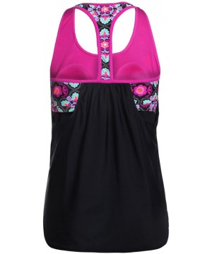 Women's Blouson Floral T-Back Push Up Tankini Top S-XXXL - Black - CB189O7QEGG $27.92-Tankinis