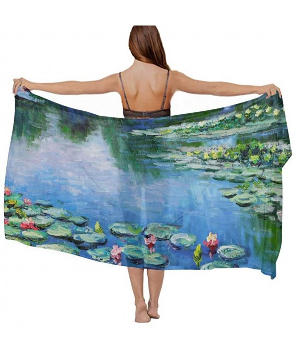 Women Girls Fashion Chiffon Beach Bikini Cover Up Sunscreen Wrap Scarves - Water Lilies Monet Painting - CW190HKA766 $22.70-C...