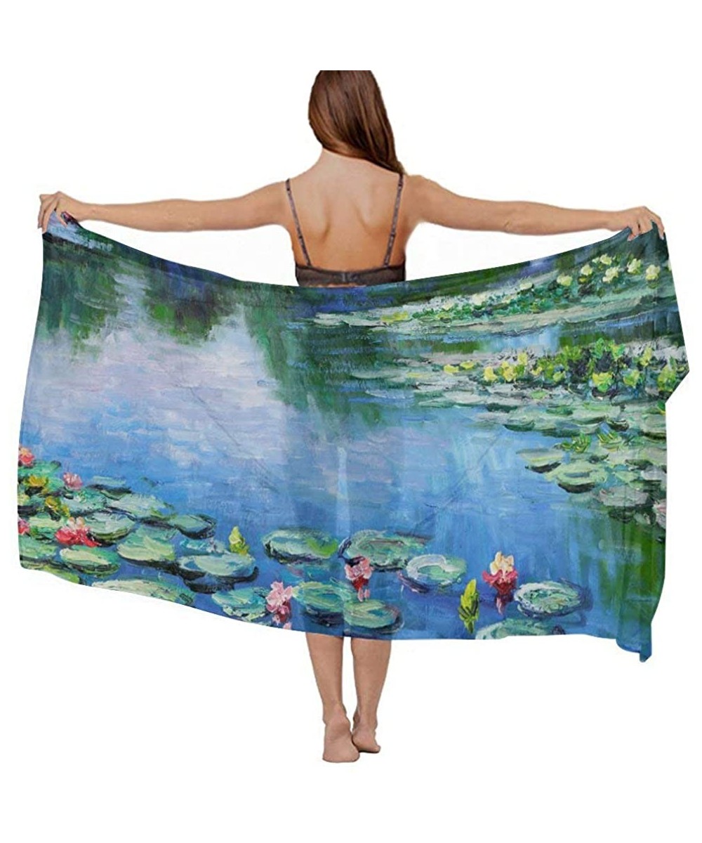 Women Girls Fashion Chiffon Beach Bikini Cover Up Sunscreen Wrap Scarves - Water Lilies Monet Painting - CW190HKA766 $22.70-C...