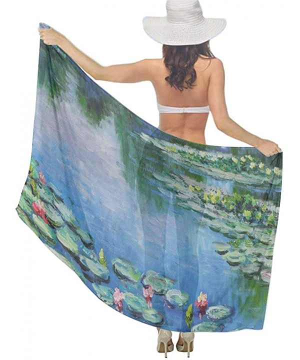 Women Girls Fashion Chiffon Beach Bikini Cover Up Sunscreen Wrap Scarves - Water Lilies Monet Painting - CW190HKA766 $22.70-C...