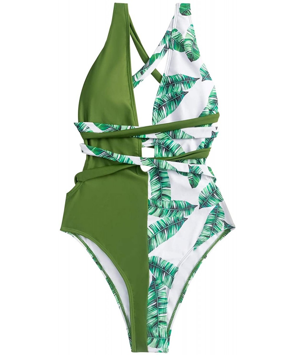 Women's Sexy Bathing Suits Criss Cross Tie Knot Front Deep V Open Back Leopard One Piece Swimwear - Green - C219GXAG3SD $22.3...